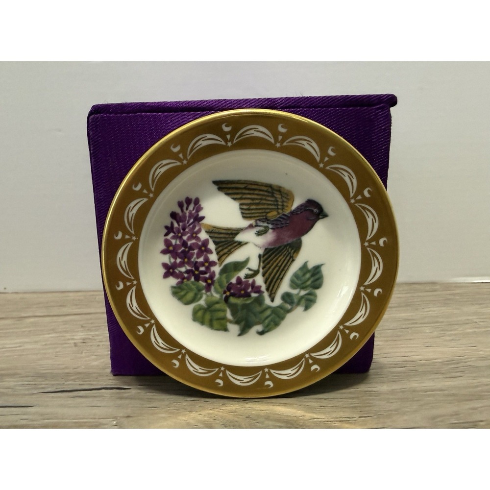 State Birds Flowers Franklin MINI Plate New Hampshire Purple Finch Lilac 3"